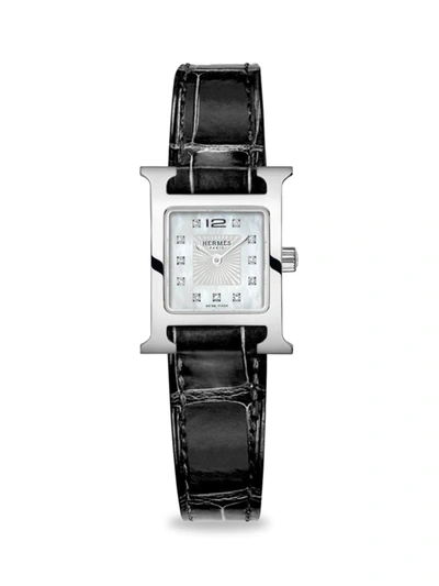 Shop Hermes Heure H 21mm Stainless Steel, Diamond & Alligator Strap Watch In Black