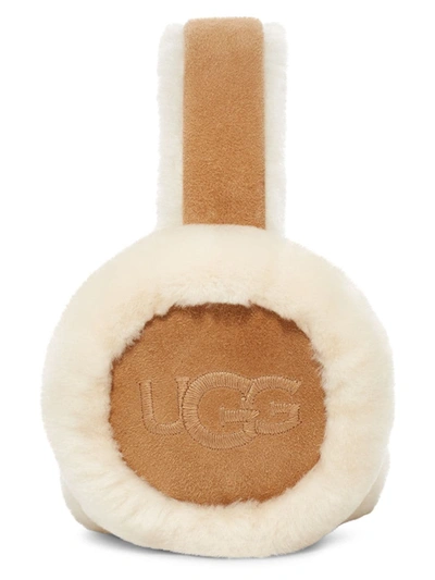 Shop Ugg Women's Sheepskin Embroidered Logo Earmuffs In Chestnut