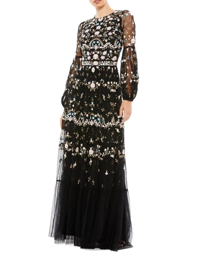 Shop Mac Duggal Women's Floral Embellished Tulle Gown In Black