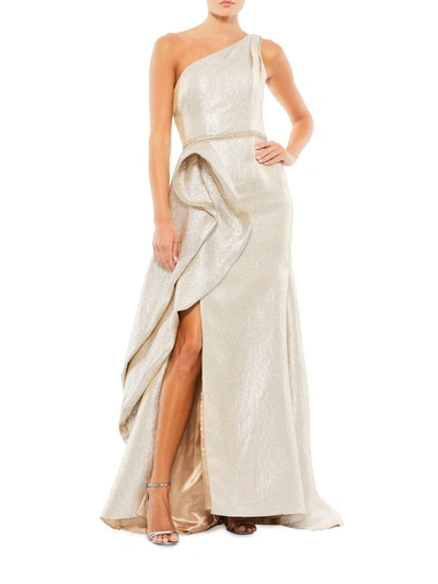 Shop Mac Duggal Women's Asymmetric Metallic Ruffle Gown In Oyster