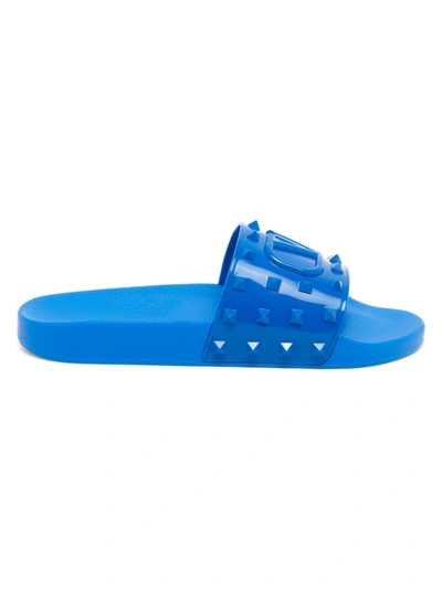 Shop Valentino Men's V Logo Rockstud Pool Slides In Bright Blue