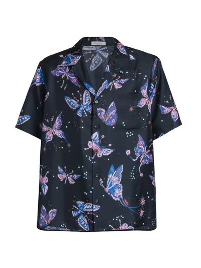 Shop Valentino Men's Short-sleeve Utopia Butterfly Printed Shirt In Navy Neon