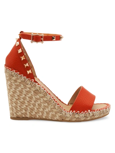 Shop Valentino Rockstud Grained Leather Espadrille Wedge Sandals In Titian Naturale