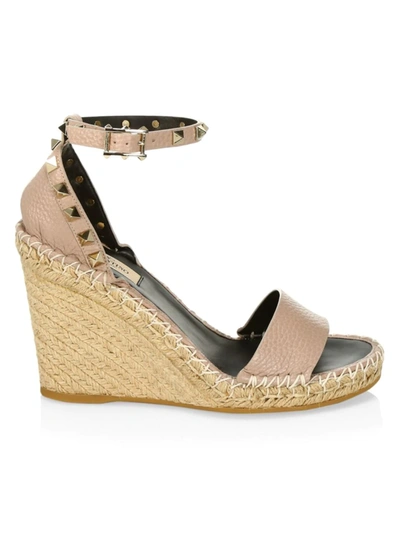 Shop Valentino Women's Core Rockstud Leather Wedge Sandals In Poudre
