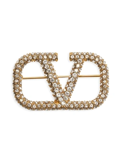 Shop Valentino Women's Vlogo Crystal-embellished Brooch In Crystal Silver