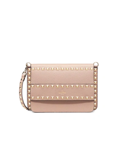 Shop Valentino Small Rockstud Leather Shoulder Bag In Poudre