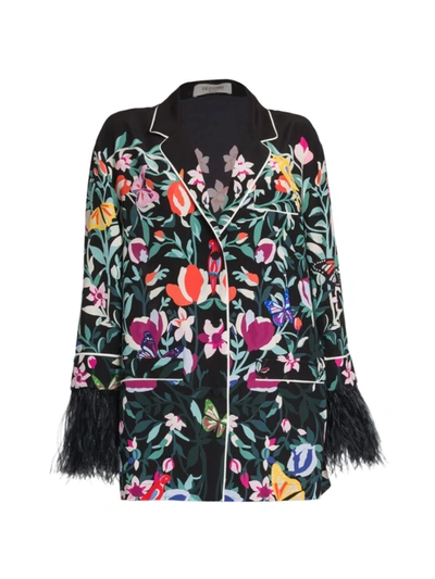 Shop Valentino Feather-trimmed Silk Pajama Blouse In Black Multi