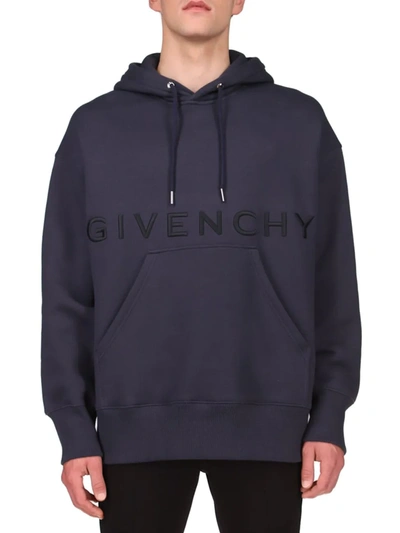 Shop Givenchy Men's Embroidered Logo Hoodie Sweatshirt In Night Blue