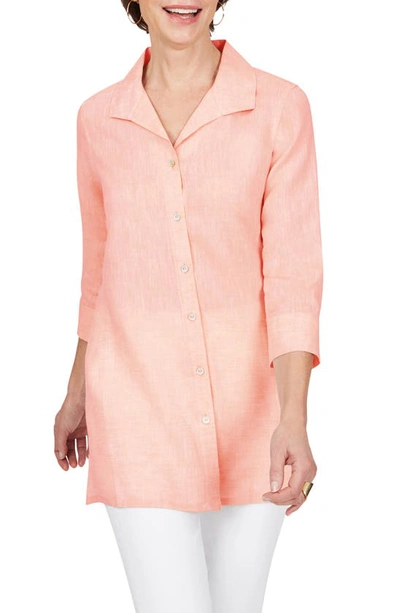 Shop Foxcroft Sterling Button Front Non-iron Linen Shirt In Coral Twist