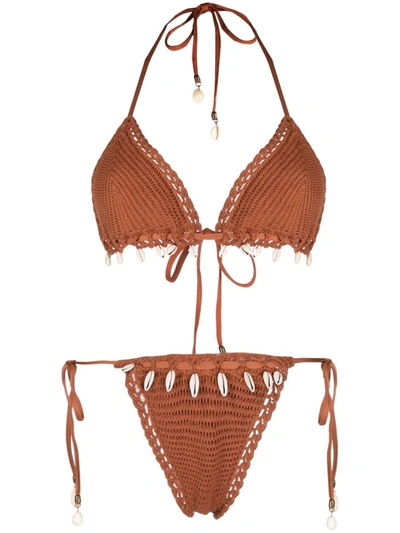 Shop Zimmermann Shell Detail Crochet Bikini Set In Brown