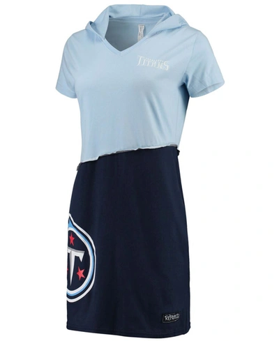 Shop Refried Apparel Women's Light Blue And Navy Tennessee Titans Hooded Mini Dress In Light Blue/navy