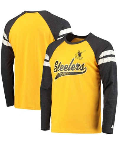 Shop Starter Men's Gold-tone, Black Pittsburgh Steelers Throwback League Raglan Long Sleeve Tri-blend T-shirt In Gold-tone/black