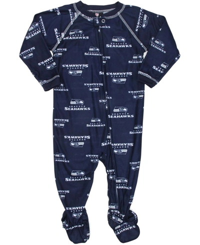 Outerstuff Seattle Seahawks Infant Piped Raglan Full Zip Coverall In College Navy