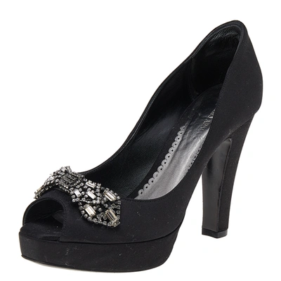 Pre-owned Giorgio Armani Black Satin Crystal Embellished Peep Toe Platform Pumps Size 36