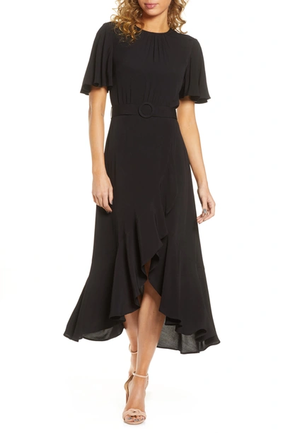 Shop French Connection Emina Belted High/low Midi Dress In Black