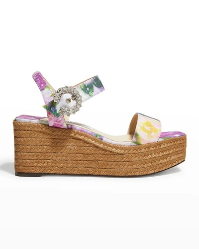 Shop Jimmy Choo Mirabella 70mm Fabric Crystal-buckle Platform Wedge Espadrille Sandals In Multi/crystal