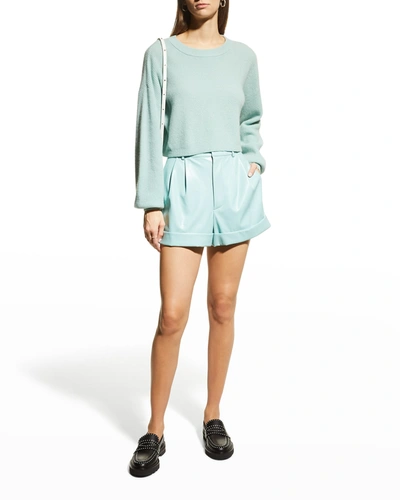 Shop Alice And Olivia Conry Vegan-leather Pleated Cuffed Shorts In Breeze
