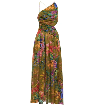 Shop Zimmermann Tropicana Asymmetric Midi Dress In Khaki Floral