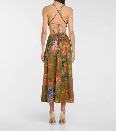 Shop Zimmermann Tropicana Asymmetric Midi Dress In Khaki Floral