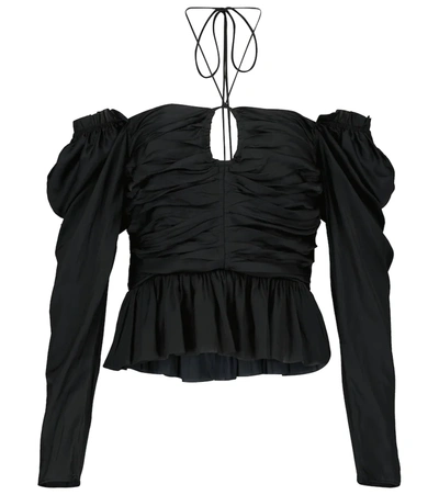 Shop Ulla Johnson Mirelle Ruched Satin Halterneck Top In Noir