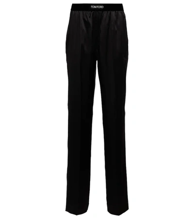Tom Ford Logo Silk Satin Pajama Pants In Black