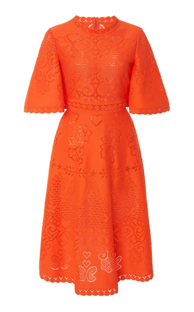 Shop Valentino Women's Crocheted Cotton-blend Midi Dress In Orange
