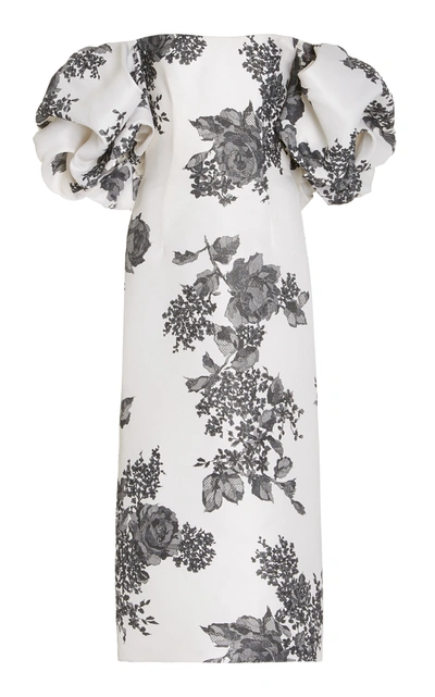 Shop Monique Lhuillier Women's Off-the-shoulder Floral Silk Midi Dress In White