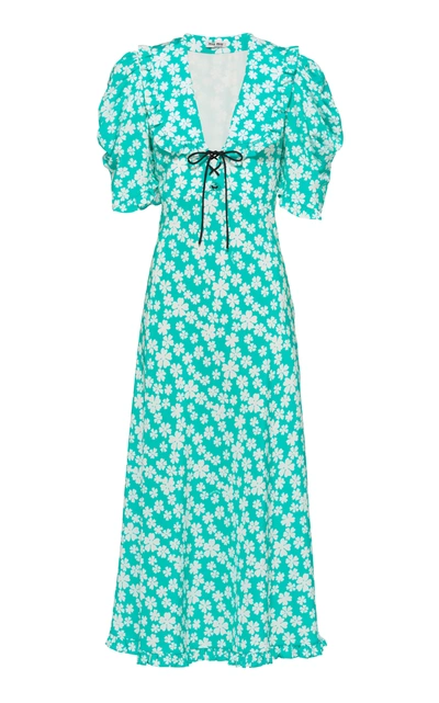 Shop Miu Miu Bow-detailed Ruffled Floral Silk Midi Dress