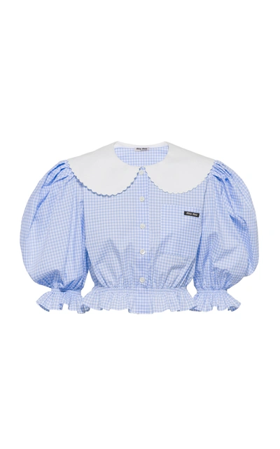 Miu Miu Gingham-print Peter Pan Collar Crop Top In Blue