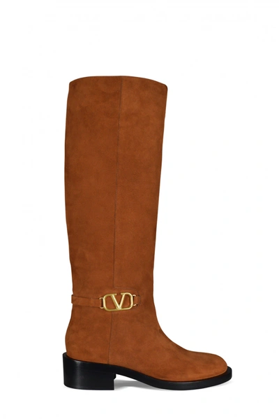 Shop Valentino Women's Luxury Boots    Vlogo Boots In Camel Suede In #c19a6b