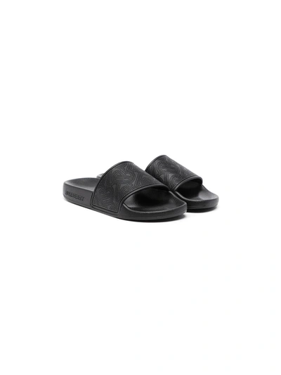 Shop Burberry Perforated Tb Pattern Slides In Black