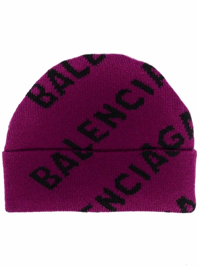 Shop Balenciaga Intarsia-knit Logo Beanie In Purple