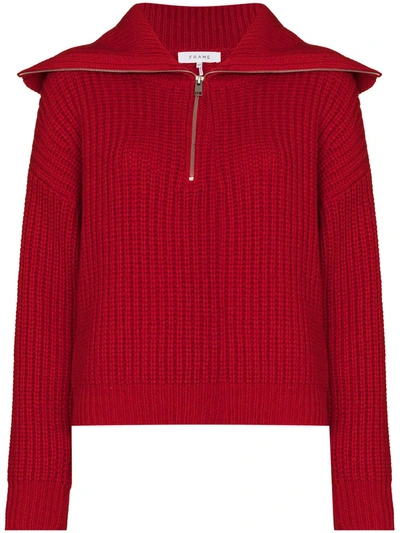 Shop Frame Half-zip Waffle-knit Jumper In Red