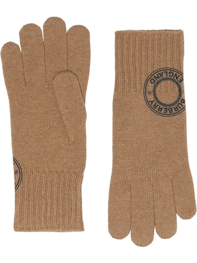 Shop Burberry Logo-print Knitted Gloves In Braun