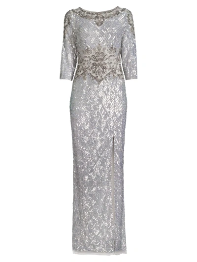 Shop Aidan Mattox Women's Geometric Beaded Column Gown In Silver Dove