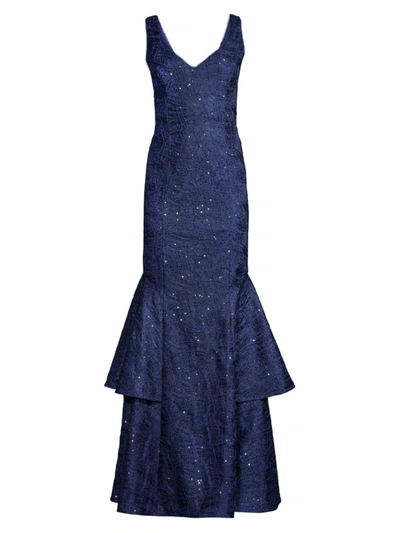 Shop Aidan Mattox Women's Lace V-neck Mermaid Gown In Navy