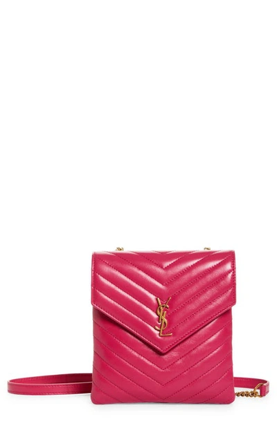 Shop Saint Laurent Quilted Leather Double Flap Crossbody Bag In Fuxia Couture