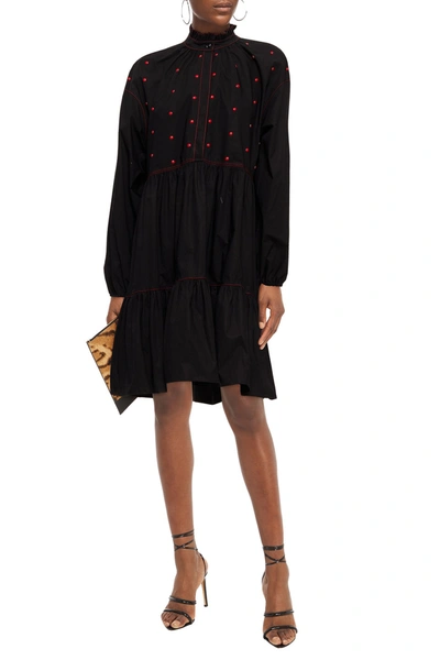 Shop Philosophy Di Lorenzo Serafini Ruffled Studded Stretch-cotton Poplin Dress In Black