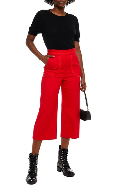 Shop Red Valentino Cropped Rickrack-trimmed Cotton-blend Wide-leg Pants In Red