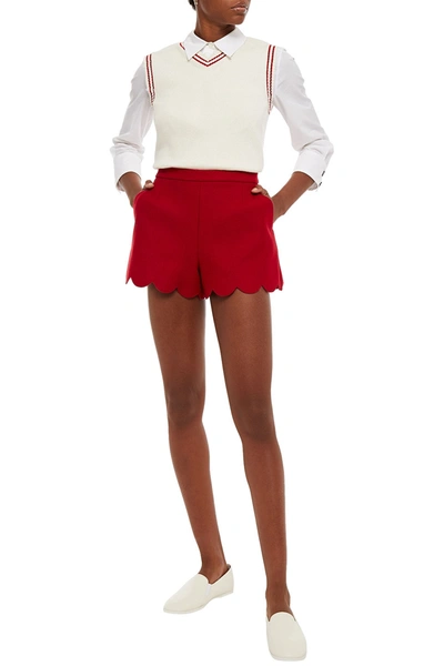 Shop Red Valentino Scalloped Wool-blend Shorts In Crimson