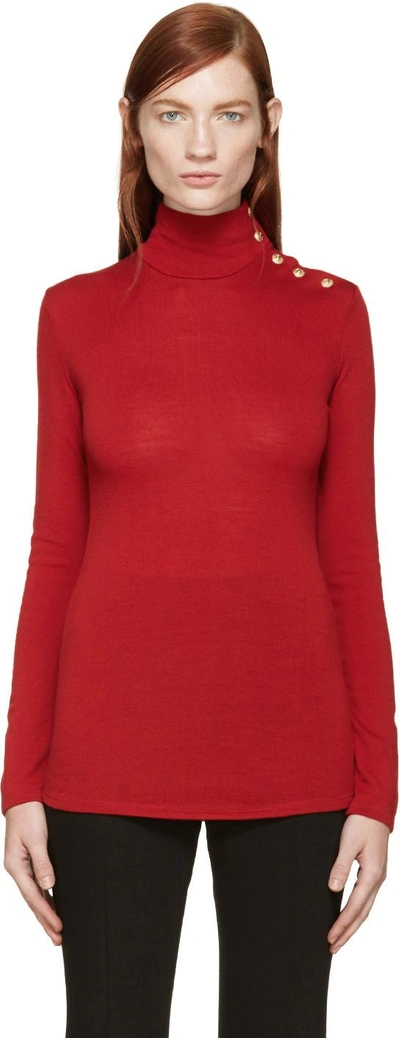 Shop Balmain Red Buttoned Shoulder Sweater