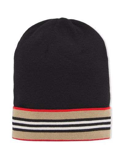 Shop Burberry Icon Stripe Wool Beanie Hat In 黑色