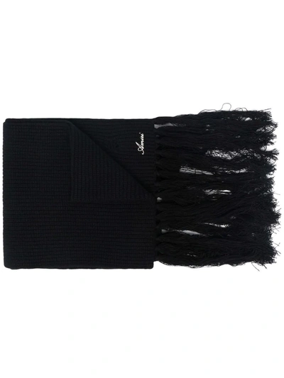 Shop Amiri Embroidered-logo Fringed Cashmere Scarf In 黑色