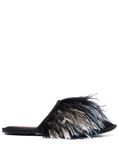 Shop La Doublej Feather-trim Detail Slippers In Schwarz