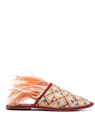 Shop La Doublej Boudoir Feather-trim Slippers In Rot