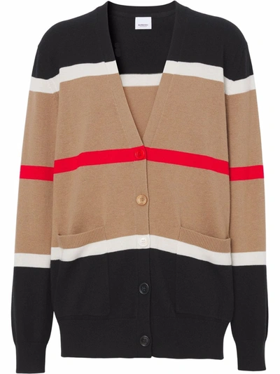 Shop Burberry Icon Stripe Knitted Cardigan In Braun