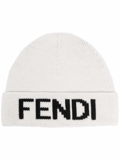 Shop Fendi Intarsia-knit Logo Wool Beanie In Weiss