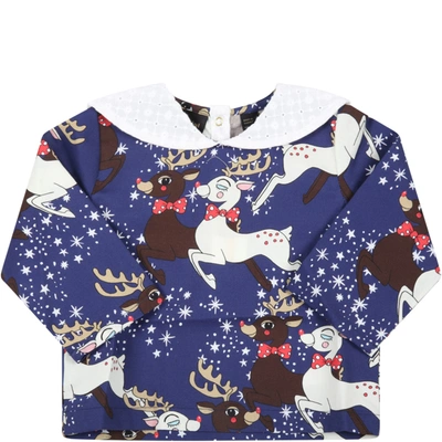Shop Mini Rodini Blue Blouse For Baby Girl With Reindeer And Stars
