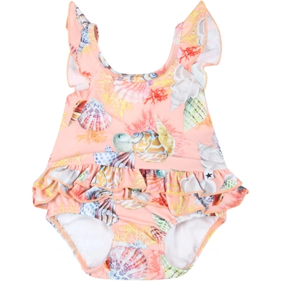 Shop Molo Pink Swimsuit For Baby Girl With Shells In Multicolor