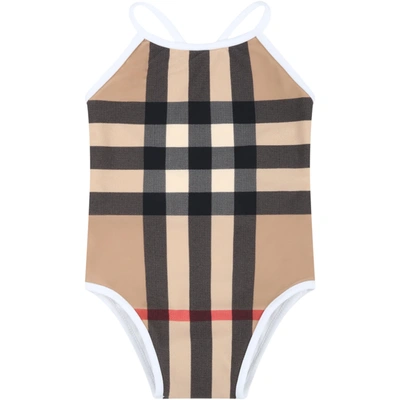 Shop Burberry Biege Swimsuit For Baby Girl With Iconic Vintage Check In Beige
